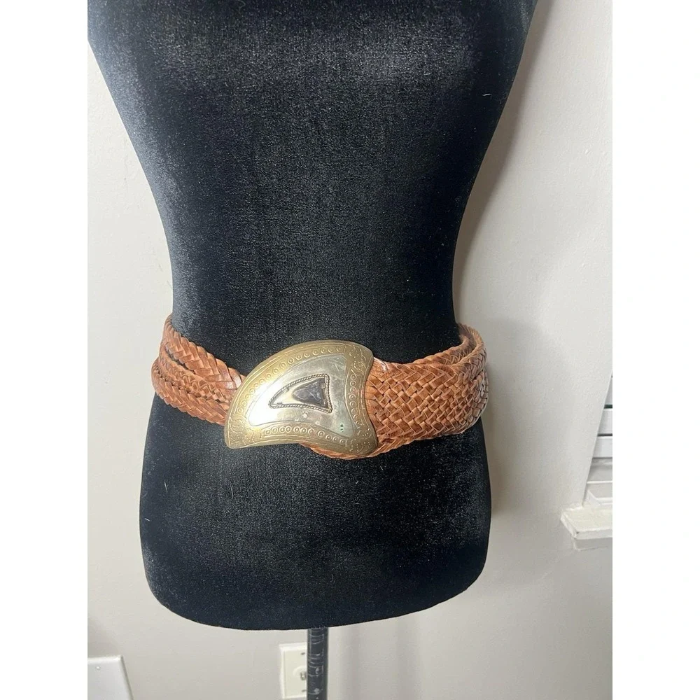 Chicos MOROCCAN BELT Braided Leather Belt, Silver-Toned Metal Vintage S/M
